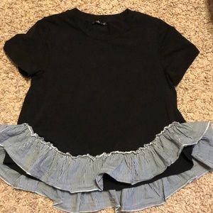 Black Top with Hi-Low striped ruffle bottom